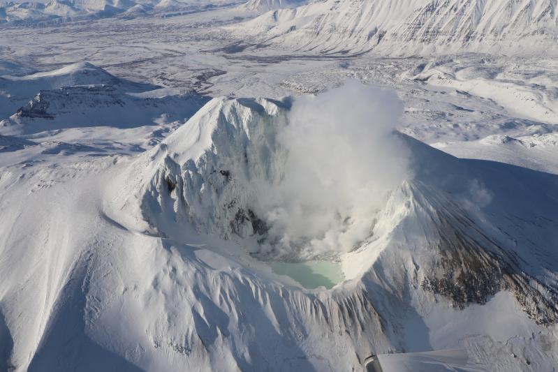 Summit crater lake and fumaroles at Martin.