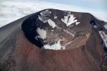 Summit crater and crater lake at Korovin Volcano in the Atka Volcanic Complex during an Alaska Volcano Observatory observation and gas measurement flight on August 28, 2025. The lake is warm with sulfur deposits floating on top due to an active hydrothermal system.
